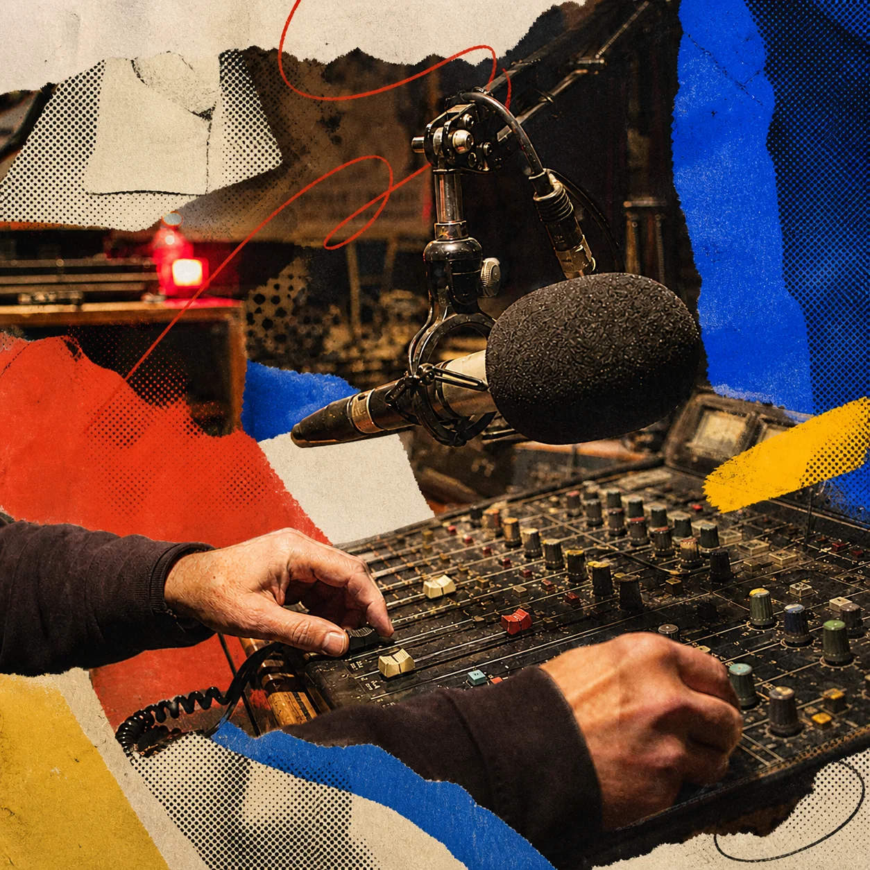 Mixed-media collage of the BlueJax broadcast studio