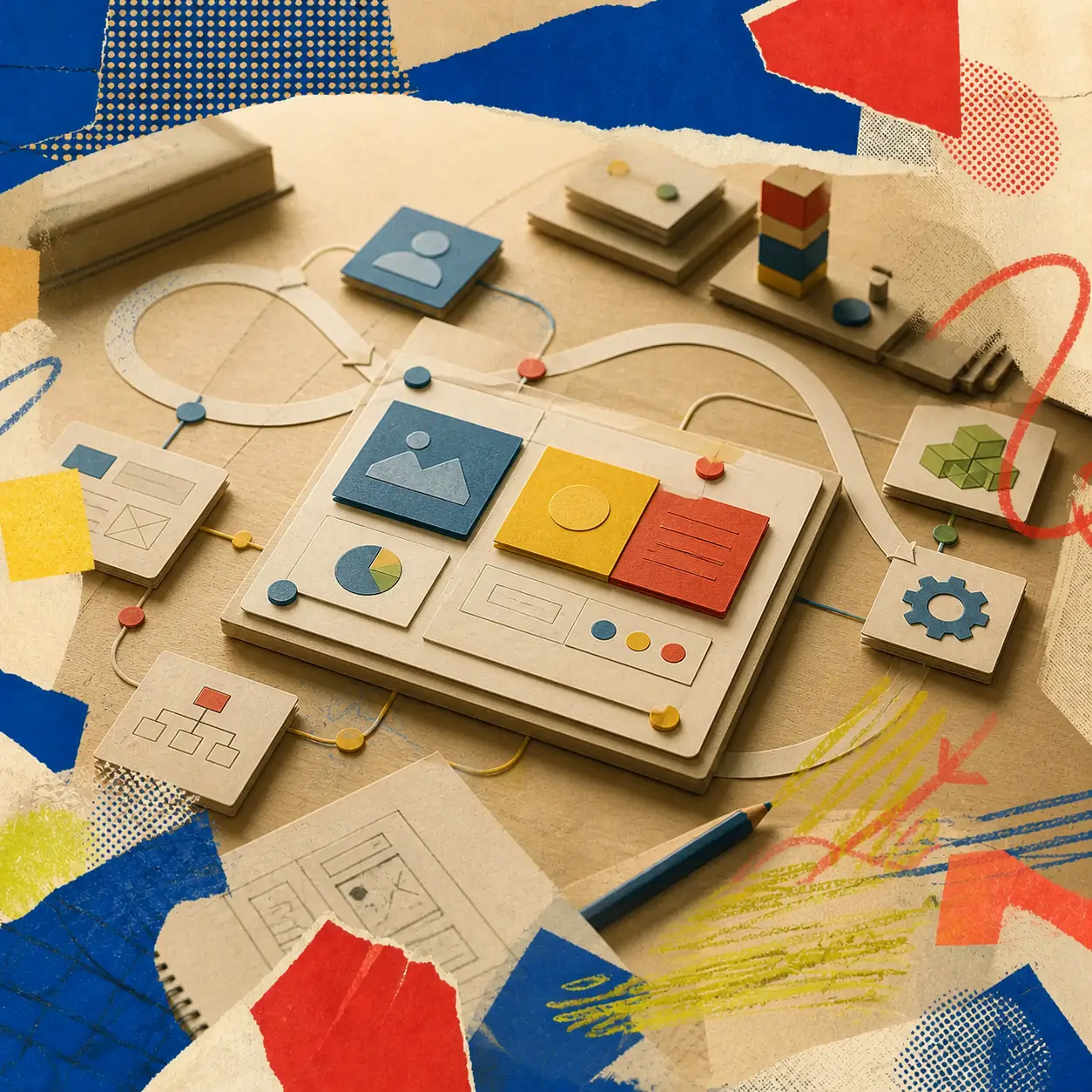 Editorial collage of modular product strategy and engineering
